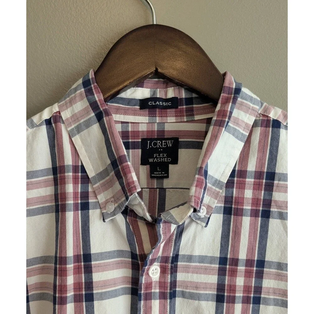 J. Crew Mens Large Flex Washed Stretch Plaid Long Sleeve Button Down Shirt Red